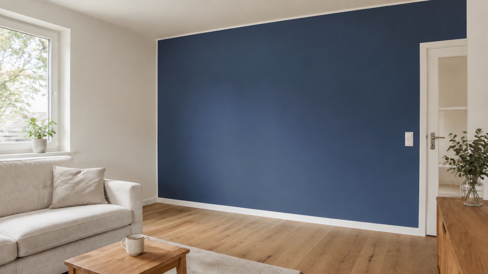 KI-generierter Wohnraum mit graublauer Akzentwand, cremefarbenem Sofa und Boden in Holzoptik.