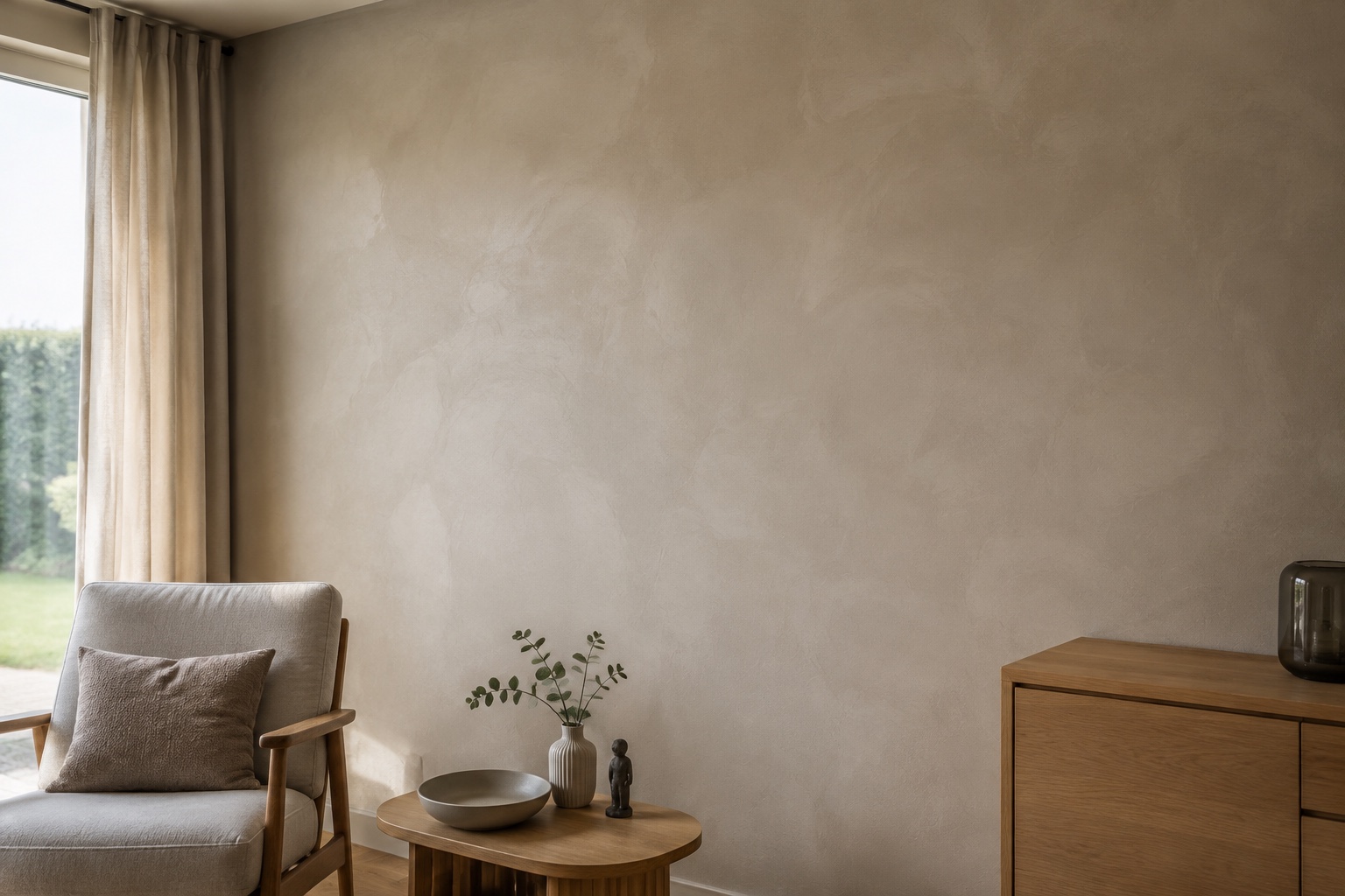 Ruhiger Wohnraum mit warm-greiger mineralischer Spachtelwand und heller Einrichtung aus Eichenholz.